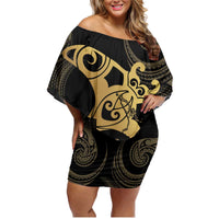 Black And Gold Aotearoa Whai Family Matching Off Shoulder Short Dress and Hawaiian Shirt NZ Stingrays Maori Curves Style LT14 Mom's Dress Gold - Polynesian Pride