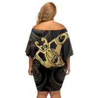 Black And Gold Aotearoa Whai Family Matching Off Shoulder Short Dress and Hawaiian Shirt NZ Stingrays Maori Curves Style LT14 - Polynesian Pride