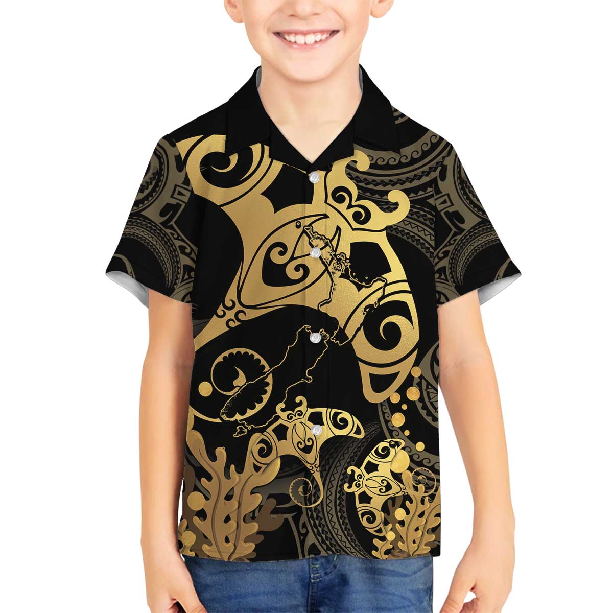 Black And Gold Aotearoa Whai Family Matching Off Shoulder Short Dress and Hawaiian Shirt NZ Stingrays Maori Curves Style LT14 Son's Shirt Gold - Polynesian Pride