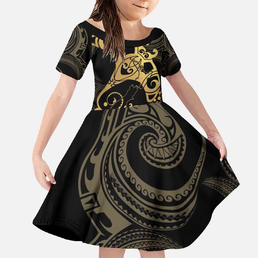 Black And Gold Aotearoa Whai Family Matching Short Sleeve Bodycon Dress and Hawaiian Shirt NZ Stingrays Maori Curves Style