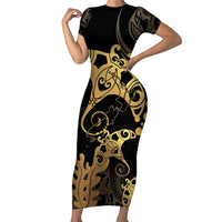 Black And Gold Aotearoa Whai Family Matching Short Sleeve Bodycon Dress and Hawaiian Shirt NZ Stingrays Maori Curves Style