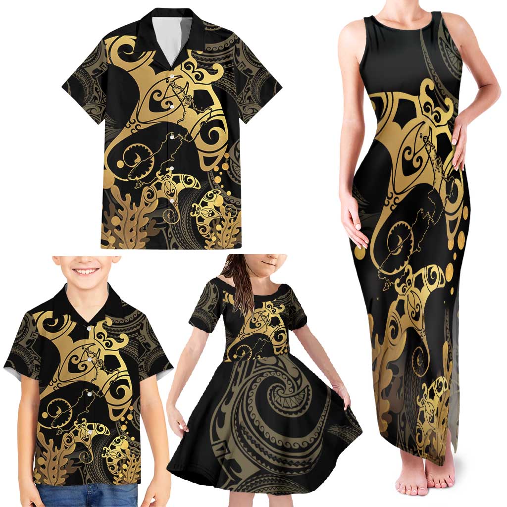 Black And Gold Aotearoa Whai Family Matching Tank Maxi Dress and Hawaiian Shirt NZ Stingrays Maori Curves Style LT14 - Polynesian Pride