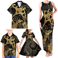 Black And Gold Aotearoa Whai Family Matching Tank Maxi Dress and Hawaiian Shirt NZ Stingrays Maori Curves Style LT14 - Polynesian Pride