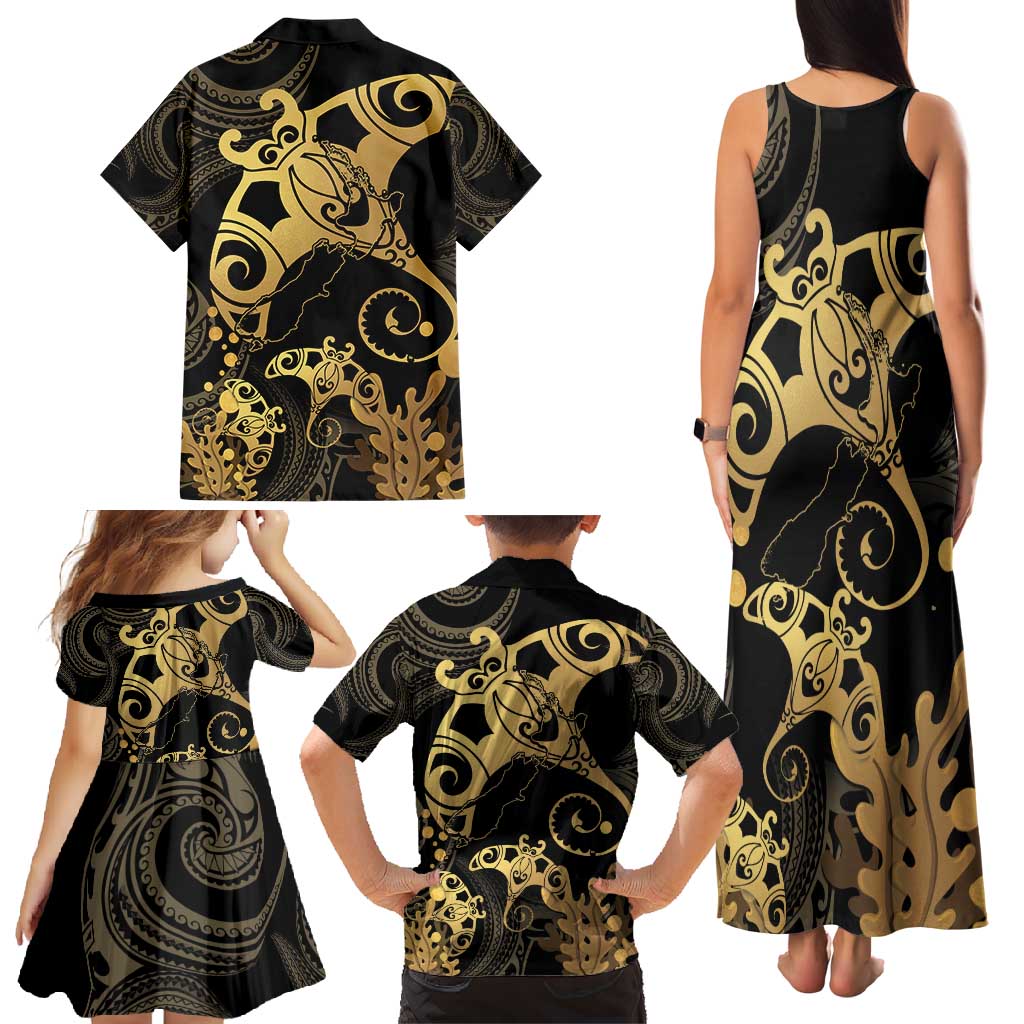 Black And Gold Aotearoa Whai Family Matching Tank Maxi Dress and Hawaiian Shirt NZ Stingrays Maori Curves Style LT14 - Polynesian Pride