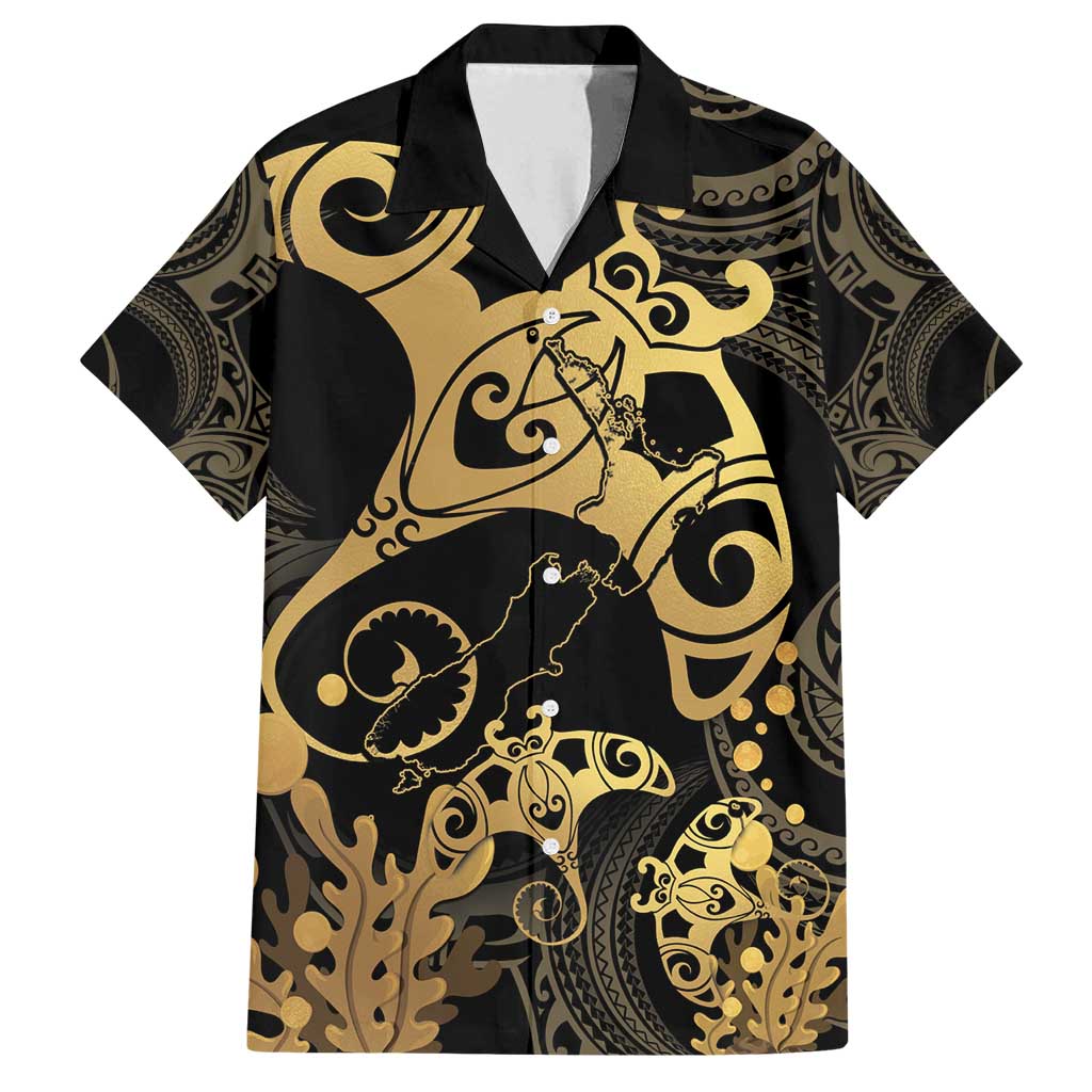 Black And Gold Aotearoa Whai Family Matching Tank Maxi Dress and Hawaiian Shirt NZ Stingrays Maori Curves Style LT14 Dad's Shirt - Short Sleeve Gold - Polynesian Pride