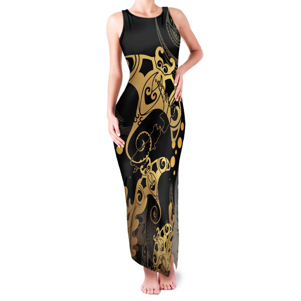 Black And Gold Aotearoa Whai Family Matching Tank Maxi Dress and Hawaiian Shirt NZ Stingrays Maori Curves Style LT14 Mom's Dress Gold - Polynesian Pride
