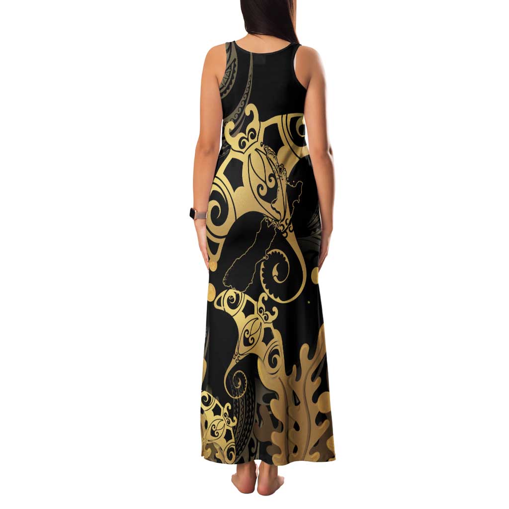 Black And Gold Aotearoa Whai Family Matching Tank Maxi Dress and Hawaiian Shirt NZ Stingrays Maori Curves Style LT14 - Polynesian Pride