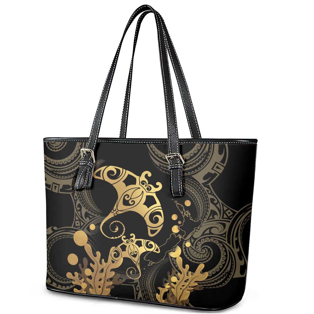 Black And Gold Aotearoa Whai Leather Tote Bag NZ Stingrays Maori Curves Style