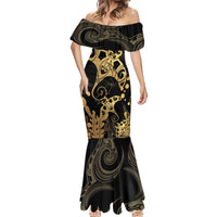 Black And Gold Aotearoa Whai Mermaid Dress NZ Stingrays Maori Curves Style