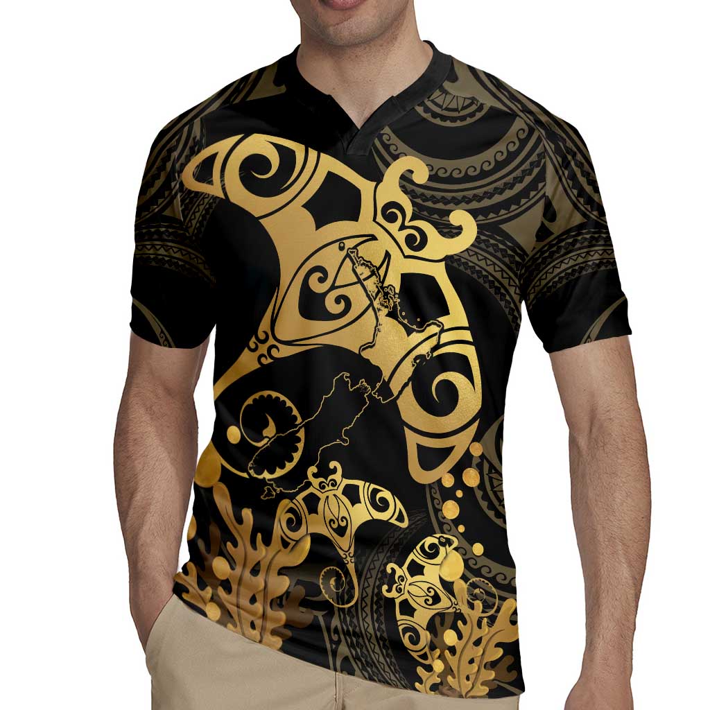 Black And Gold Aotearoa Whai Rugby Jersey NZ Stingrays Maori Curves Style