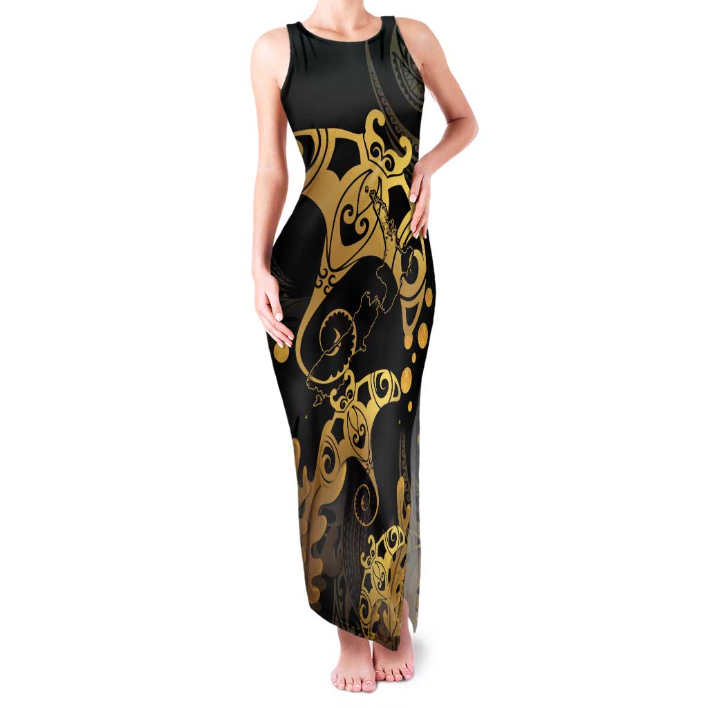 Black And Gold Aotearoa Whai Tank Maxi Dress NZ Stingrays Maori Curves Style