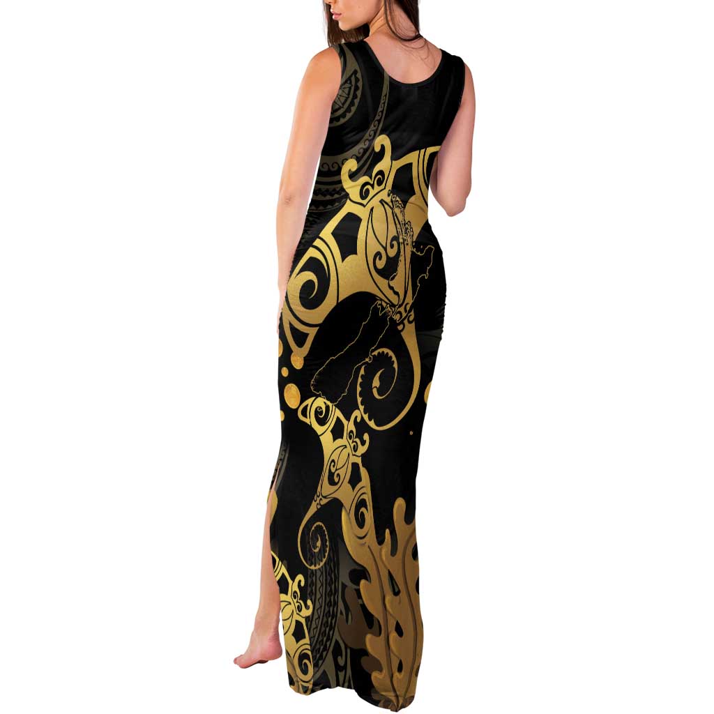 Black And Gold Aotearoa Whai Tank Maxi Dress NZ Stingrays Maori Curves Style