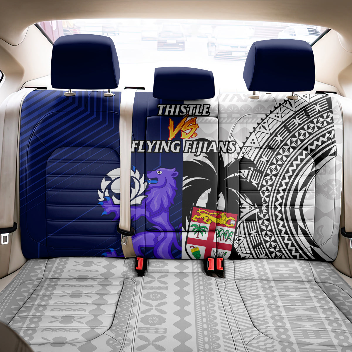 Fiji And Scotland Rugby Back Car Seat Cover Fijian Tapa Pattern With Thistle