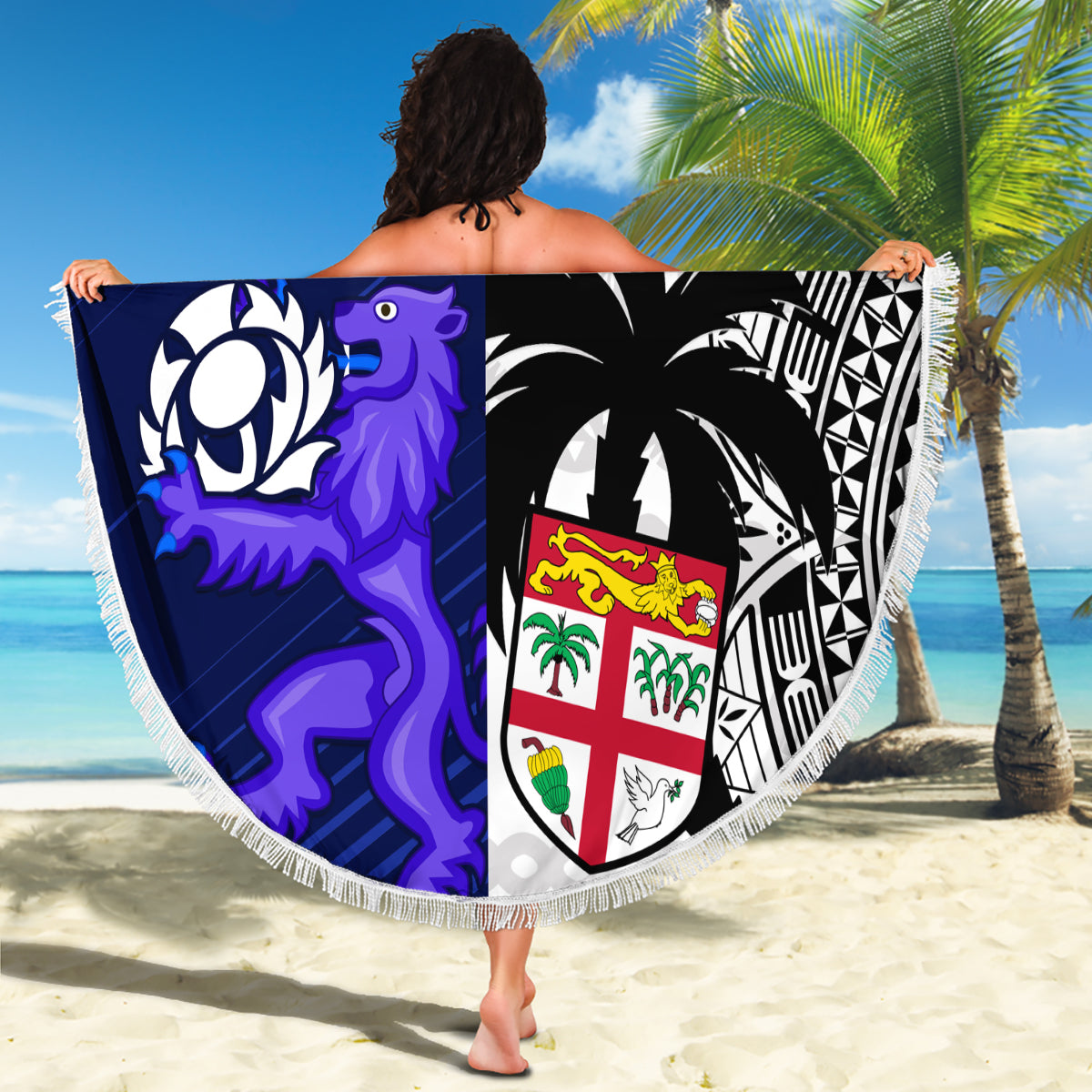 Fiji And Scotland Rugby Beach Blanket Fijian Tapa Pattern With Thistle LT14 - Wonder Print Shop