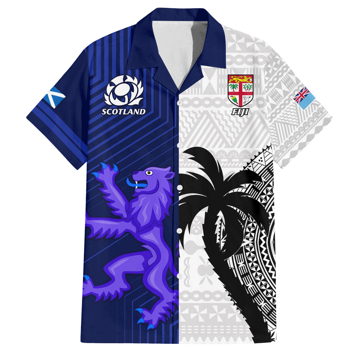 Fiji And Scotland Rugby Family Matching Off Shoulder Long Sleeve Dress and Hawaiian Shirt Fijian Tapa Pattern With Thistle LT14 Dad's Shirt - Short Sleeve Blue - Polynesian Pride