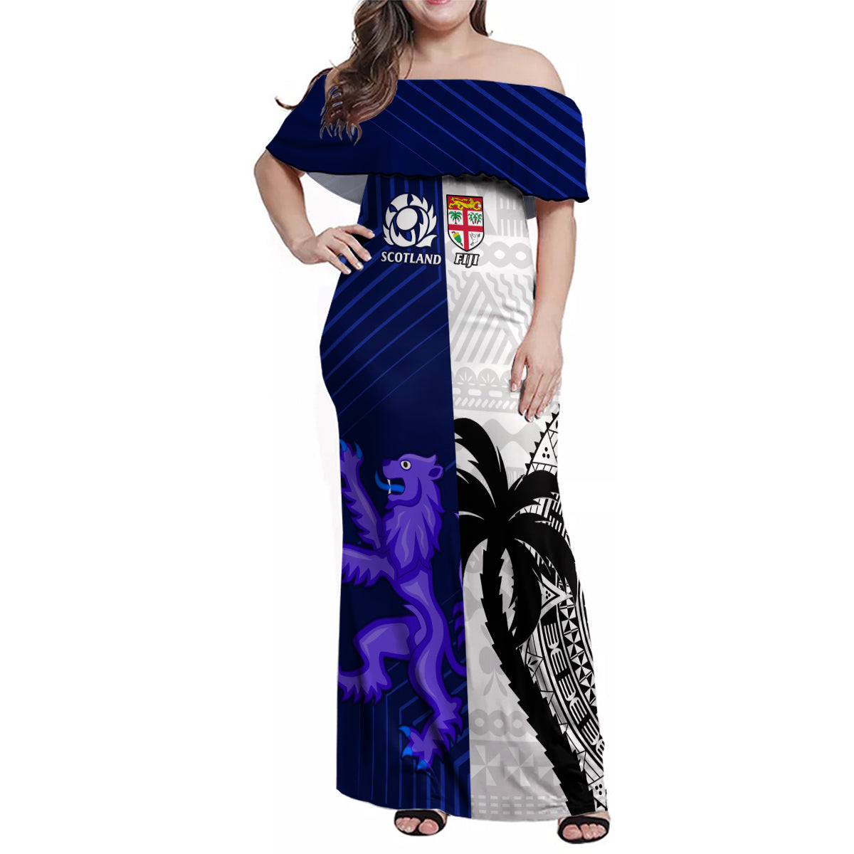 Fiji And Scotland Rugby Family Matching Off Shoulder Maxi Dress and Hawaiian Shirt Fijian Tapa Pattern With Thistle LT14 Mom's Dress Blue - Polynesian Pride