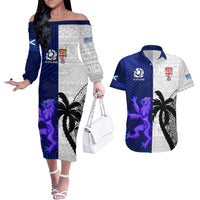 Custom Fiji And Scotland Rugby Couples Matching Off The Shoulder Long Sleeve Dress and Hawaiian Shirt Fijian Tapa Pattern With Thistle LT14 Blue - Polynesian Pride