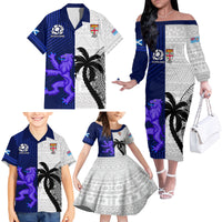 Custom Fiji And Scotland Rugby Family Matching Off Shoulder Long Sleeve Dress and Hawaiian Shirt Fijian Tapa Pattern With Thistle LT14 - Polynesian Pride