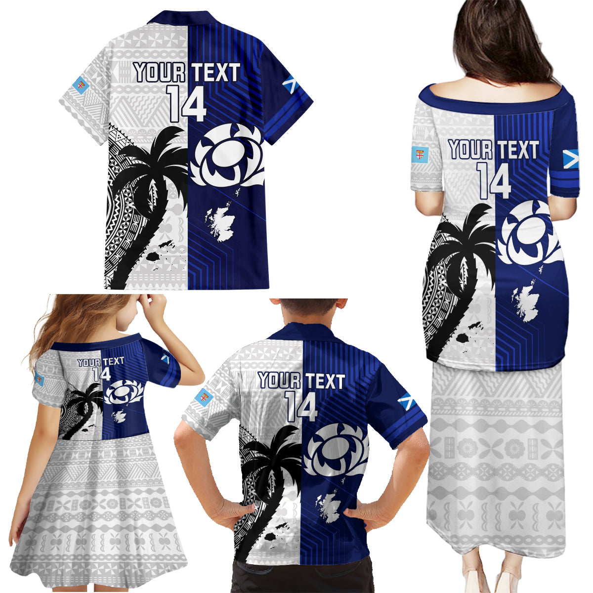 Custom Fiji And Scotland Rugby Family Matching Puletasi Dress and Hawaiian Shirt Fijian Tapa Pattern With Thistle LT14 - Polynesian Pride
