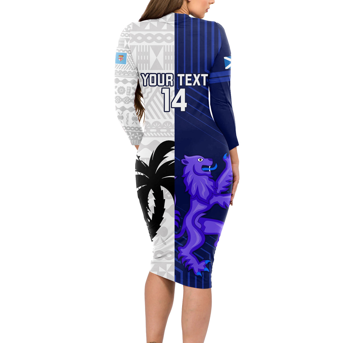 Custom Fiji And Scotland Rugby Long Sleeve Bodycon Dress Fijian Tapa Pattern With Thistle LT14 - Polynesian Pride