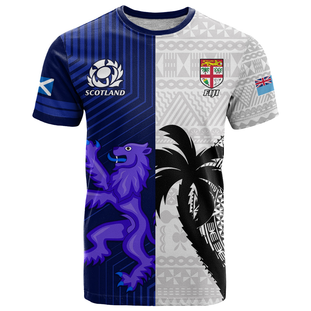 Custom Fiji And Scotland Rugby T Shirt Fijian Tapa Pattern With Thistle LT14 Blue - Polynesian Pride