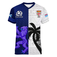 Custom Fiji And Scotland Rugby Women V Neck T Shirt Fijian Tapa Pattern With Thistle LT14 Female Blue - Polynesian Pride