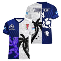 Custom Fiji And Scotland Rugby Women V Neck T Shirt Fijian Tapa Pattern With Thistle LT14 - Polynesian Pride