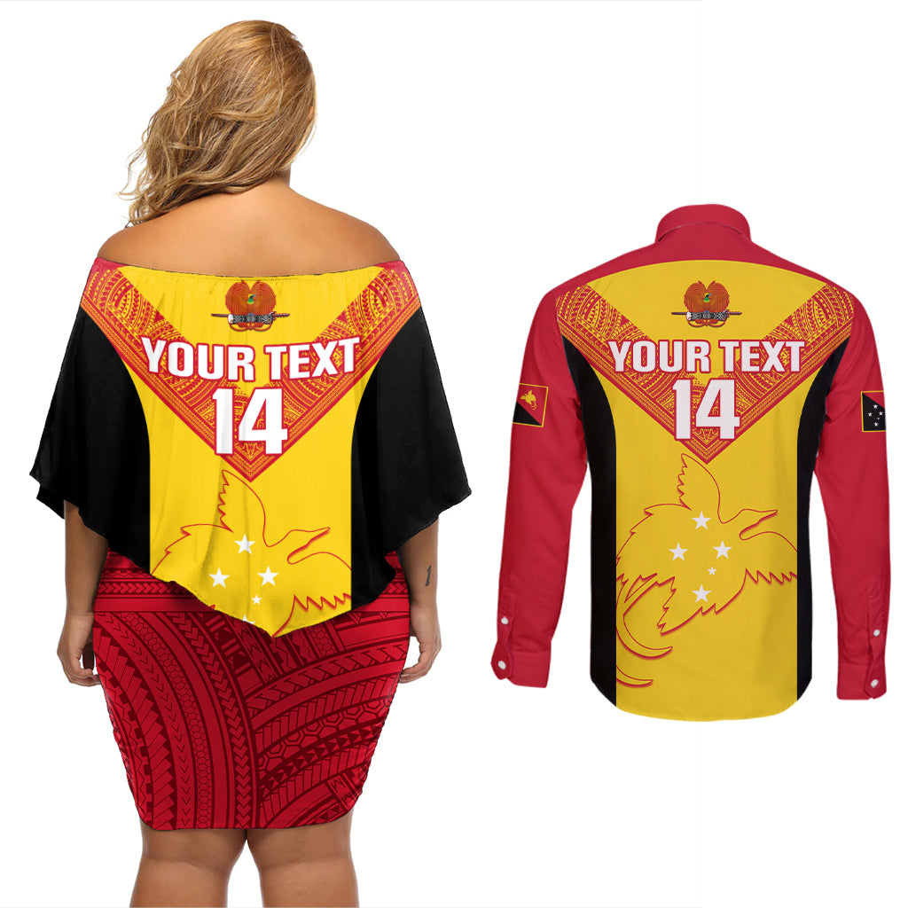 Custom Papua New Guinea Rubgby Couples Matching Off Shoulder Short Dress and Long Sleeve Button Shirts Pacific 2023 Go PNG Kumuls LT14 - Polynesian Pride