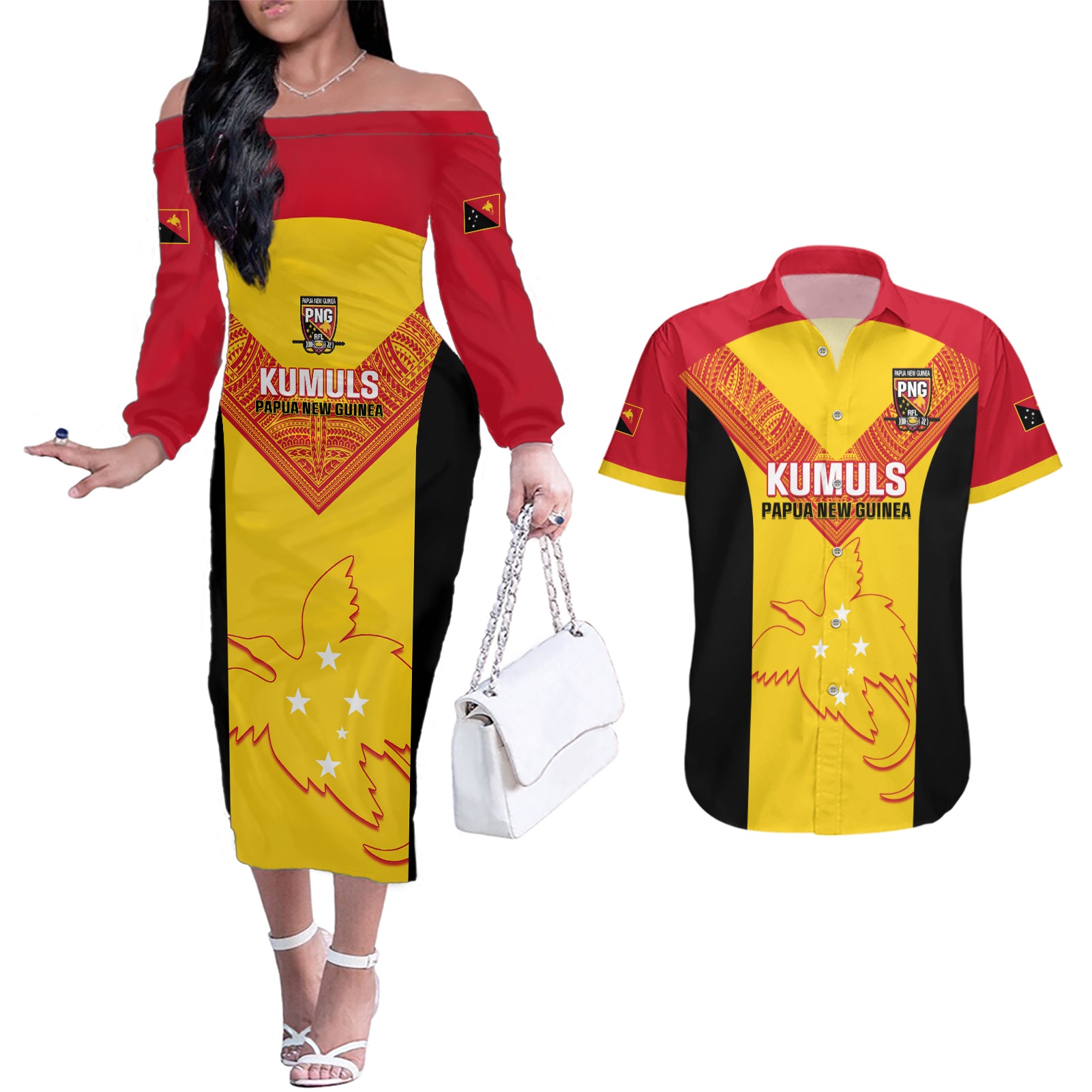 Custom Papua New Guinea Rubgby Couples Matching Off The Shoulder Long Sleeve Dress and Hawaiian Shirt Pacific 2023 Go PNG Kumuls LT14 Yellow - Polynesian Pride