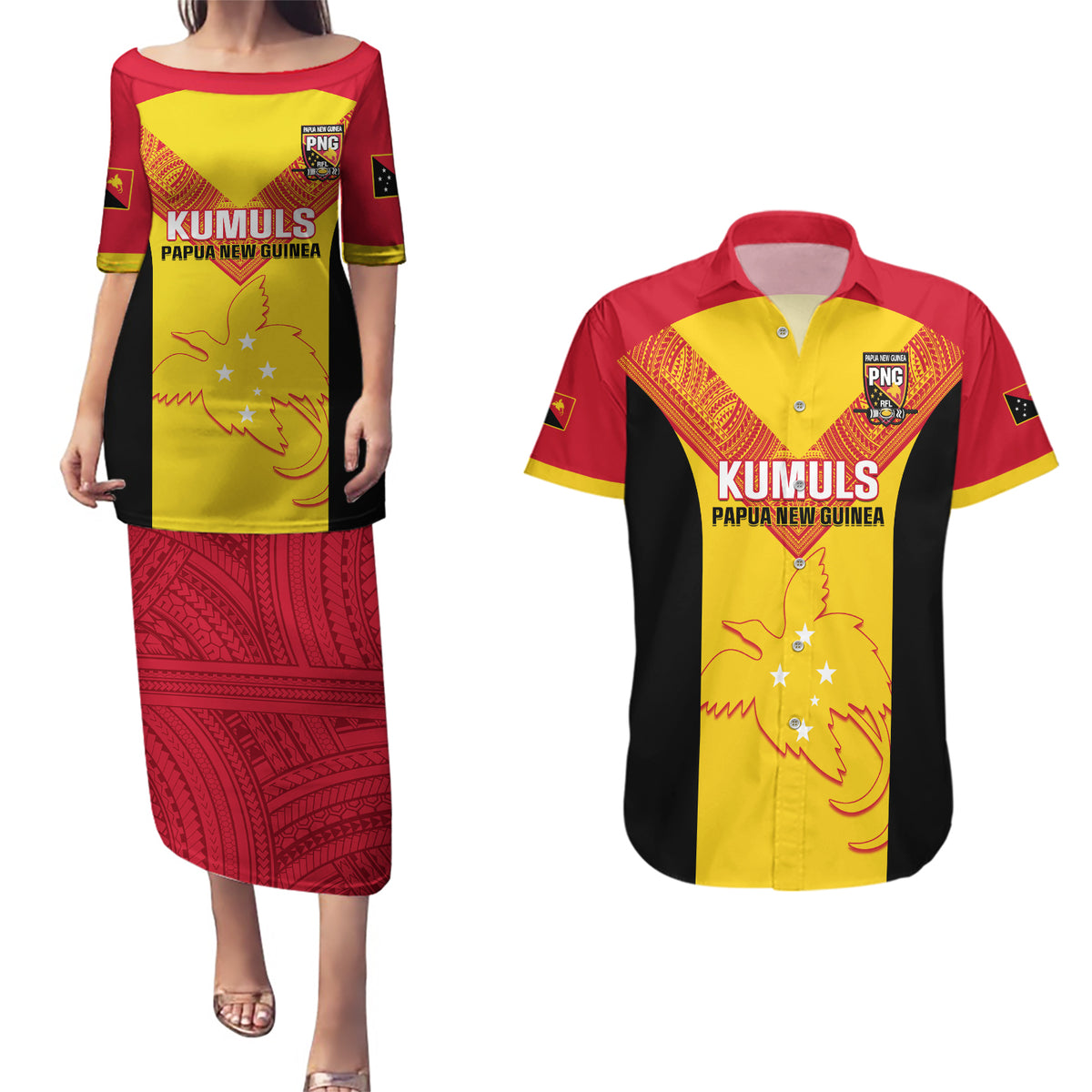 Custom Papua New Guinea Rubgby Couples Matching Puletasi Dress and Hawaiian Shirt Pacific 2023 Go PNG Kumuls LT14 Yellow - Polynesian Pride