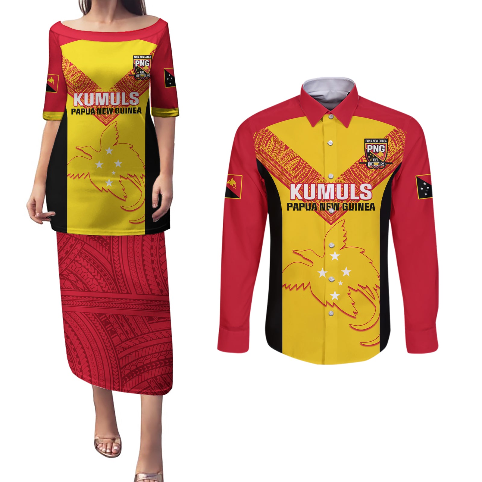 Custom Papua New Guinea Rubgby Couples Matching Puletasi Dress and Long Sleeve Button Shirts Pacific 2023 Go PNG Kumuls LT14 Yellow - Polynesian Pride