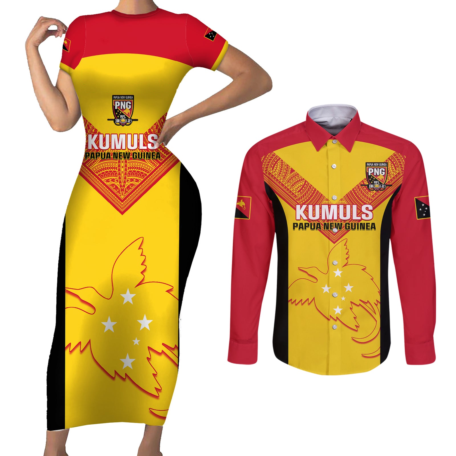 Custom Papua New Guinea Rubgby Couples Matching Short Sleeve Bodycon Dress and Long Sleeve Button Shirts Pacific 2023 Go PNG Kumuls LT14 Yellow - Polynesian Pride