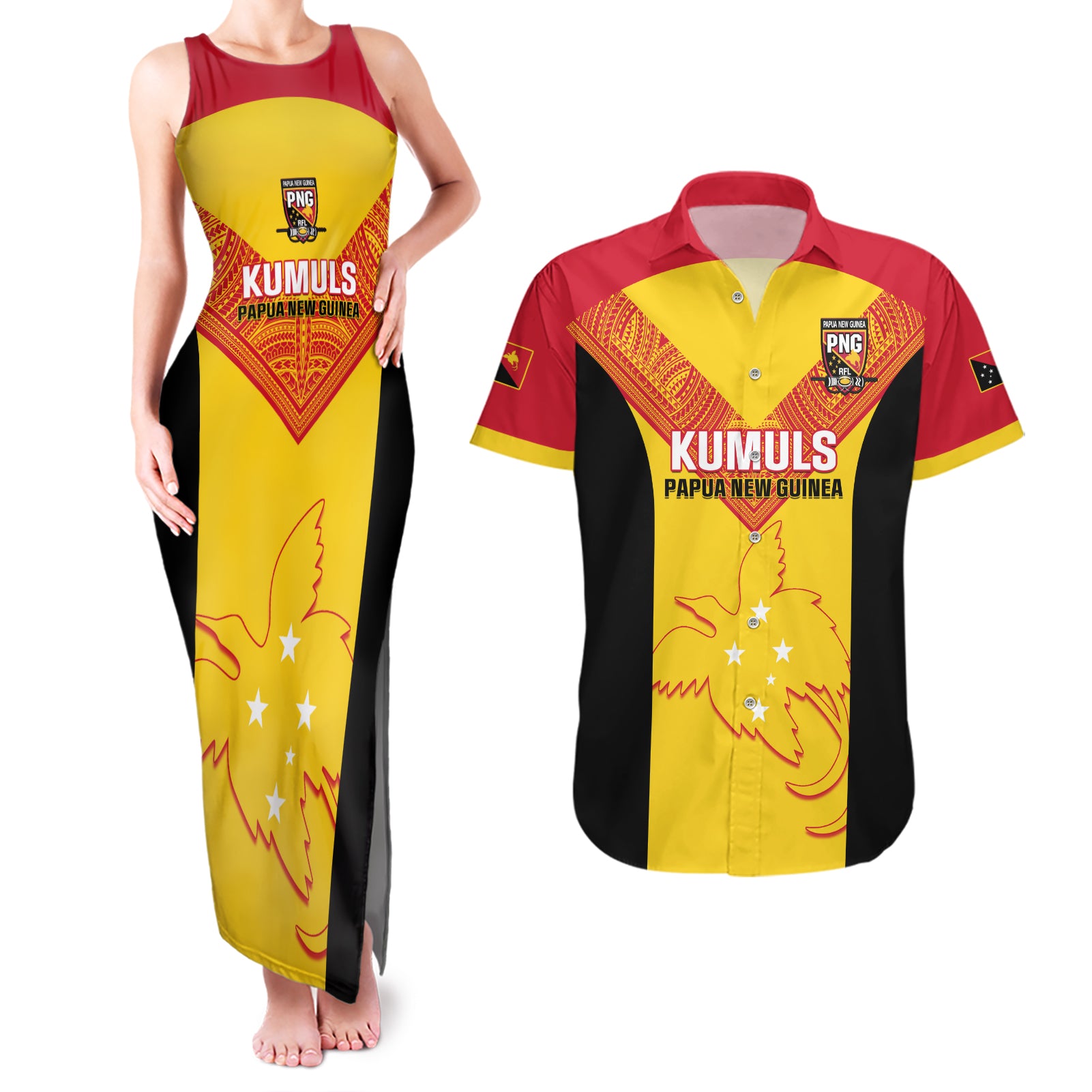 Custom Papua New Guinea Rubgby Couples Matching Tank Maxi Dress and Hawaiian Shirt Pacific 2023 Go PNG Kumuls LT14 Yellow - Polynesian Pride