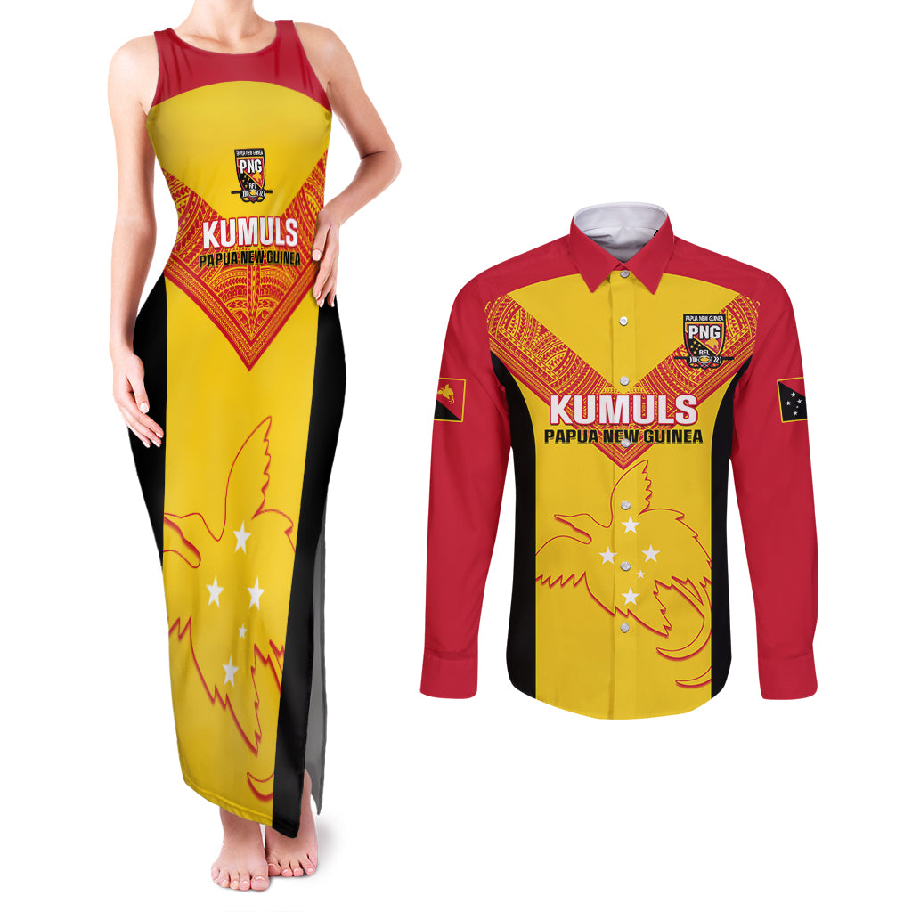Custom Papua New Guinea Rubgby Couples Matching Tank Maxi Dress and Long Sleeve Button Shirts Pacific 2023 Go PNG Kumuls LT14 Yellow - Polynesian Pride