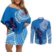 Custom Samoa Rugby Couples Matching Off Shoulder Short Dress and Long Sleeve Button Shirts Pacific 2023 Go Toa Samoa LT14 Blue - Polynesian Pride