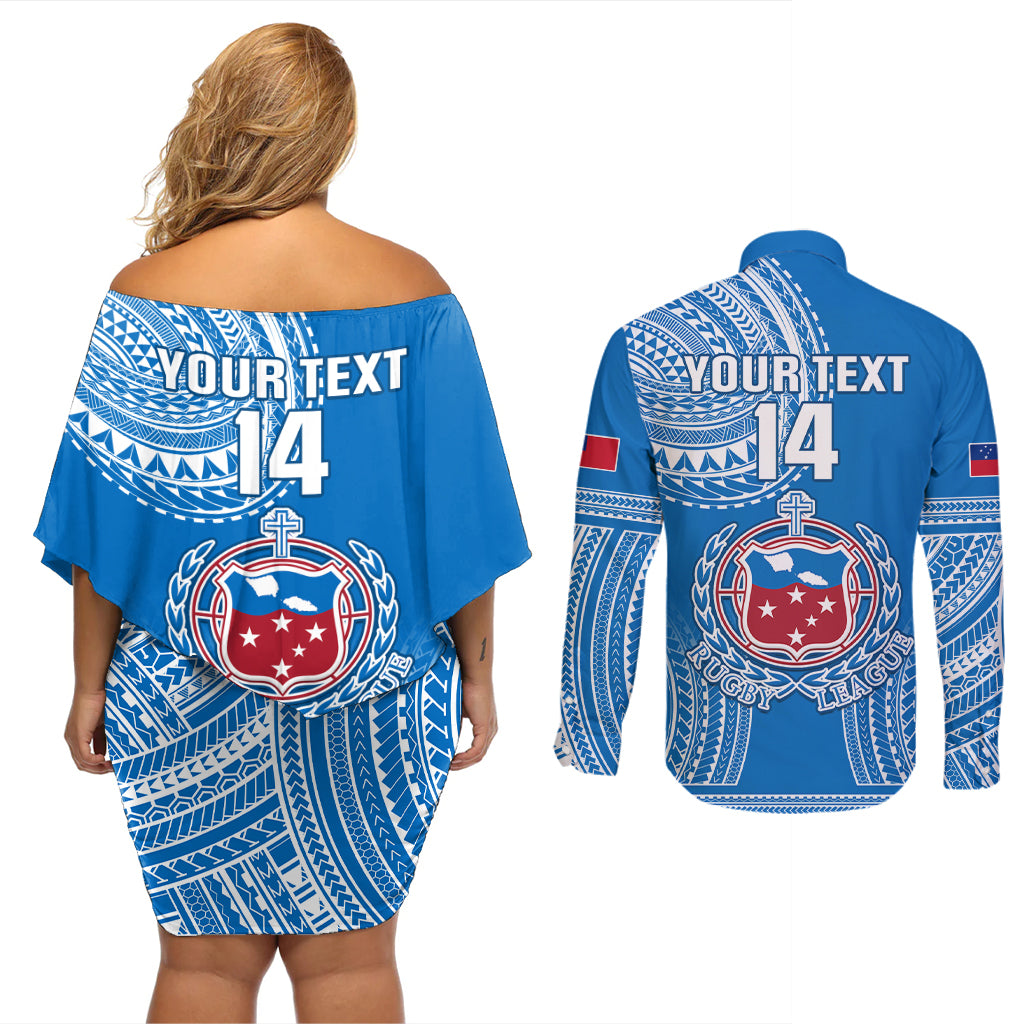Custom Samoa Rugby Couples Matching Off Shoulder Short Dress and Long Sleeve Button Shirts Pacific 2023 Go Toa Samoa LT14 - Polynesian Pride