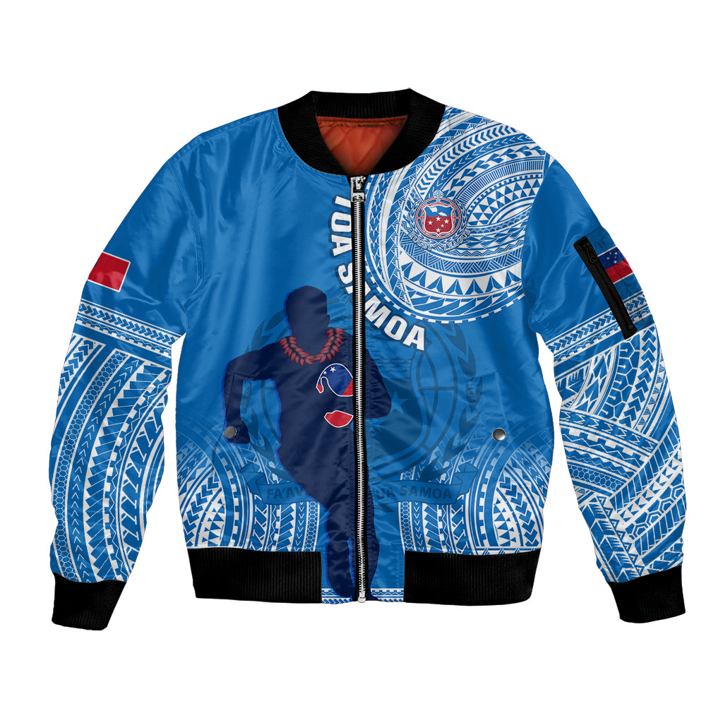 Custom Samoa Rugby Sleeve Zip Bomber Jacket Pacific 2023 Go Toa Samoa LT14 Unisex Blue - Polynesian Pride
