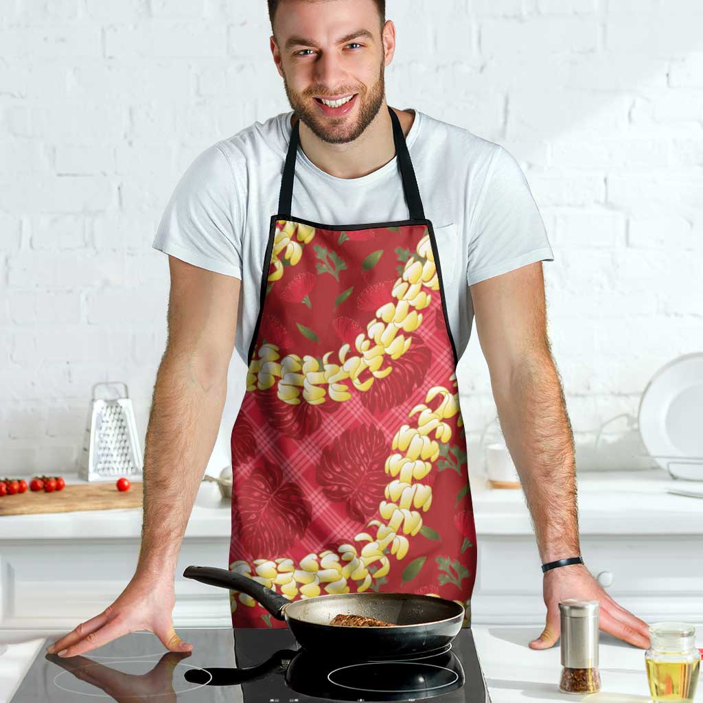 Red Palaka Hawaii Mele Kalikimaka Apron Ohia Lehua Monstera Puakenikeni Lei - Polynesian Pride