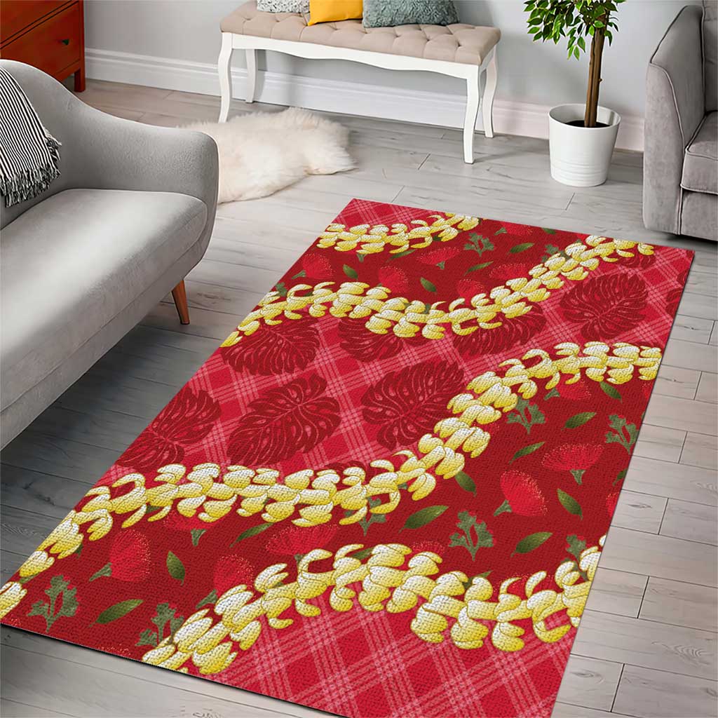 Red Palaka Hawaii Mele Kalikimaka Area Rug Ohia Lehua Monstera Puakenikeni Lei - Polynesian Pride