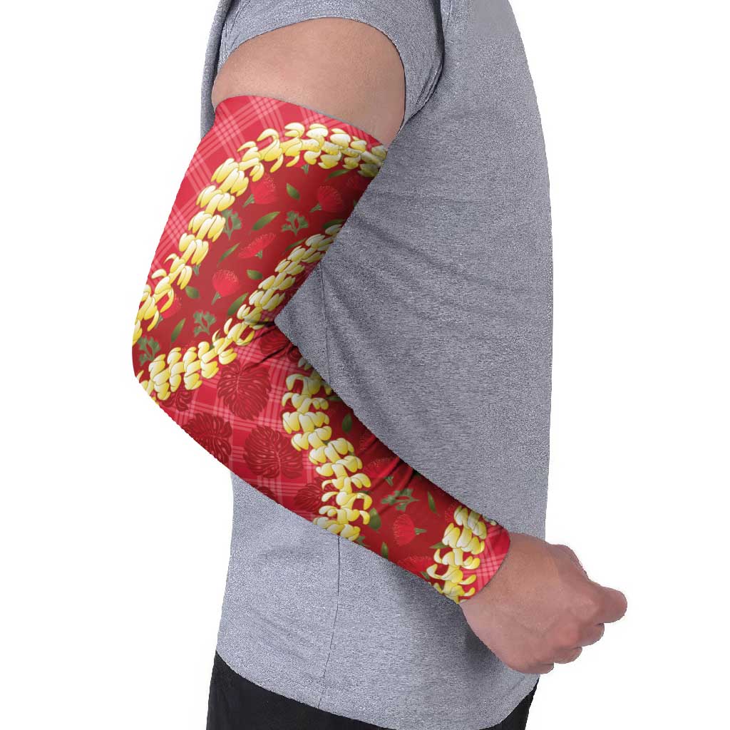 Red Palaka Hawaii Mele Kalikimaka Arm Sleeves Ohia Lehua Monstera Puakenikeni Lei - Polynesian Pride
