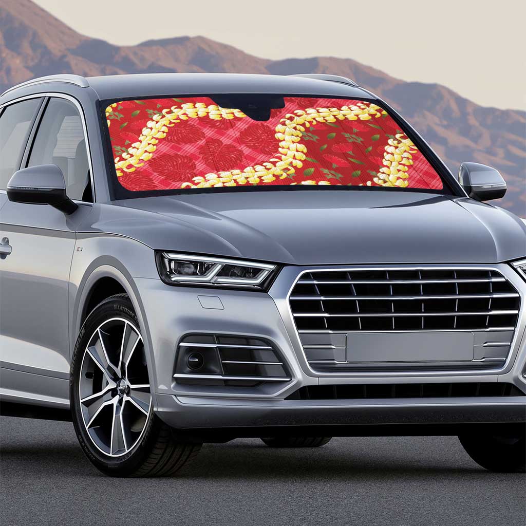 Red Palaka Hawaii Mele Kalikimaka Auto Sun Shade Ohia Lehua Monstera Puakenikeni Lei - Polynesian Pride