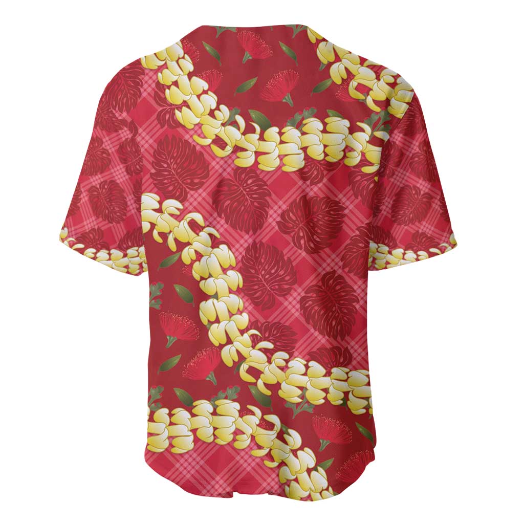 Red Palaka Hawaii Mele Kalikimaka Baseball Jersey Ohia Lehua Monstera Puakenikeni Lei - Polynesian Pride