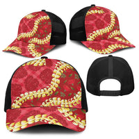 Red Palaka Hawaii Mele Kalikimaka Baseball Net Cap Ohia Lehua Monstera Puakenikeni Lei - Polynesian Pride
