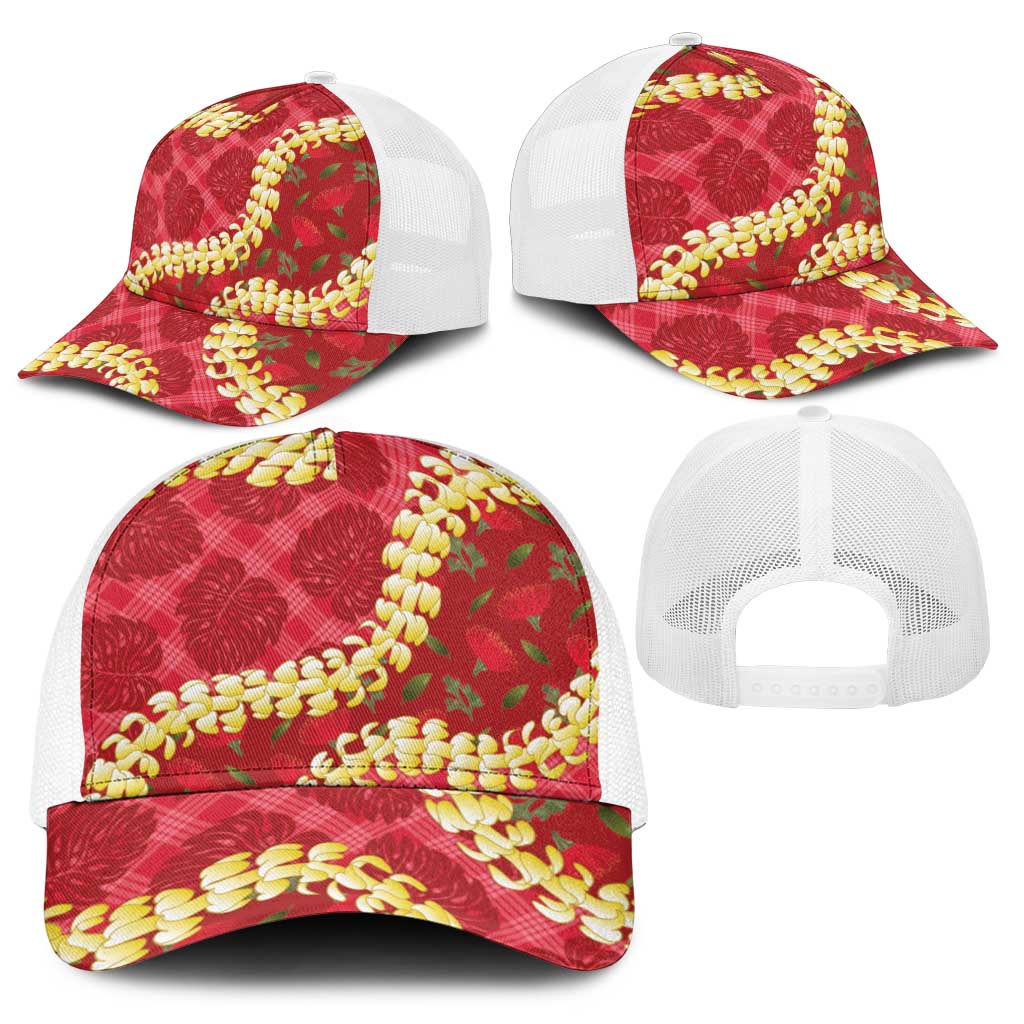 Red Palaka Hawaii Mele Kalikimaka Baseball Net Cap Ohia Lehua Monstera Puakenikeni Lei - Polynesian Pride