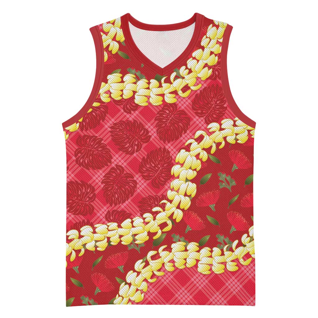 Red Palaka Hawaii Mele Kalikimaka Basketball Jersey Ohia Lehua Monstera Puakenikeni Lei - Polynesian Pride