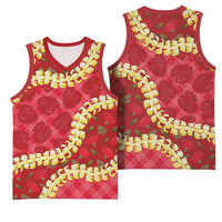 Red Palaka Hawaii Mele Kalikimaka Basketball Jersey Ohia Lehua Monstera Puakenikeni Lei - Polynesian Pride