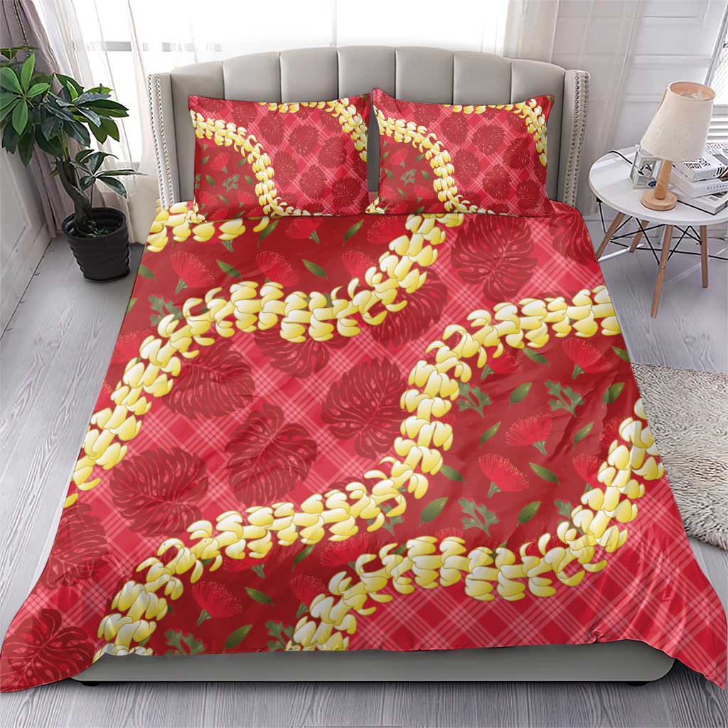 Red Palaka Hawaii Mele Kalikimaka Bedding Set Ohia Lehua Monstera Puakenikeni Lei - Polynesian Pride