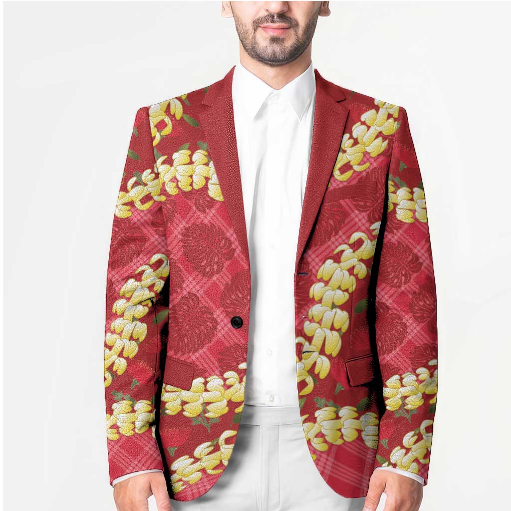Red Palaka Hawaii Mele Kalikimaka Blazer Ohia Lehua Monstera Puakenikeni Lei - Polynesian Pride