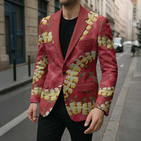 Red Palaka Hawaii Mele Kalikimaka Blazer Ohia Lehua Monstera Puakenikeni Lei - Polynesian Pride