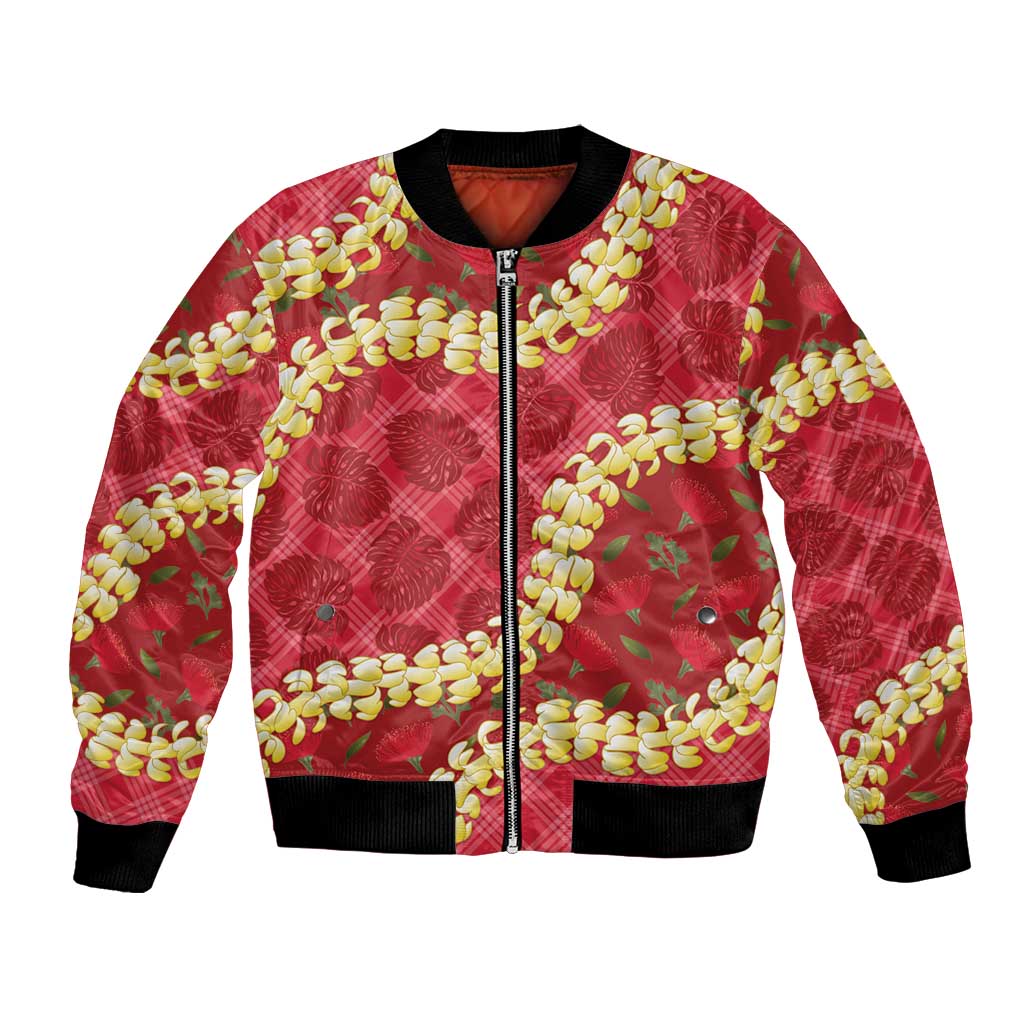 Red Palaka Hawaii Mele Kalikimaka Bomber Jacket Ohia Lehua Monstera Puakenikeni Lei - Polynesian Pride